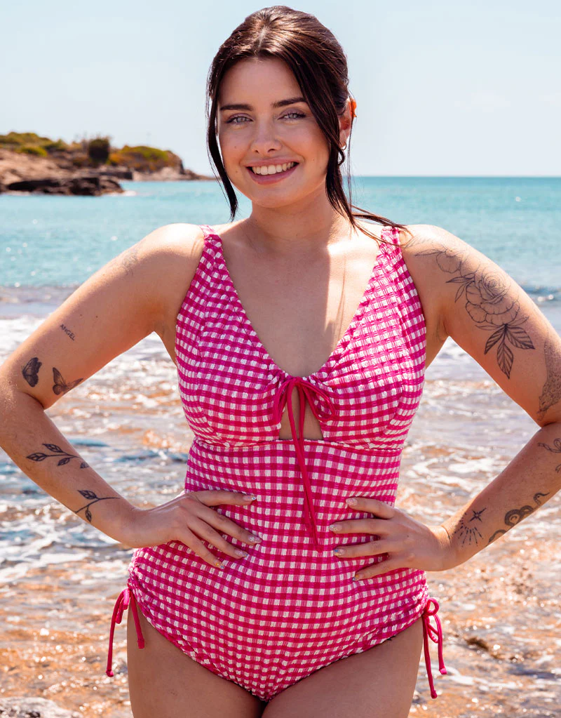 Curvy Kate Holiday Check Non Wired Swimsuit Raspberry Pink - Image 2